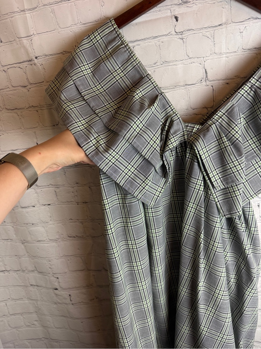 Mecla One-Shoulder Plaid Midi Dress in Green and Gray Medium - Picture 3 of 13
